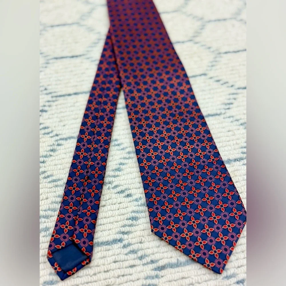 LANVIN Paris Men’s Silk Necktie Navy BlueRed Geometric Floral Pattern France